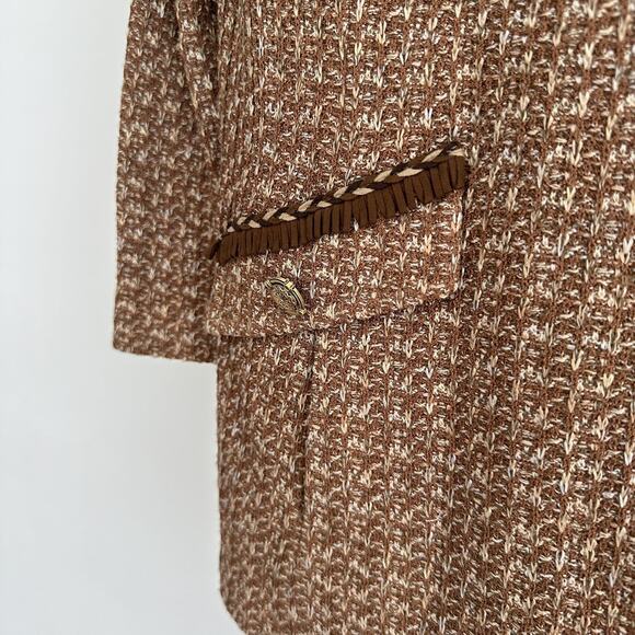 St John Tweed Blazer Jacket 12 Brown Textured Knit Gold Button Fringe Jacket - Picture 6 of 11